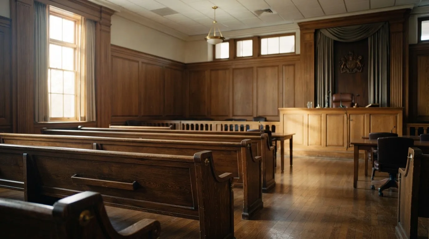 An empty courtroom with wooden benches in morning light