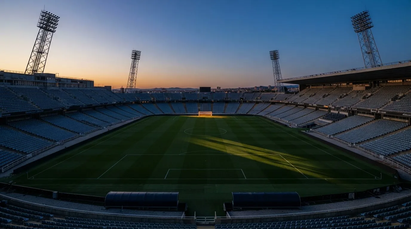 An empty football stadium with floodlight masts at dusk