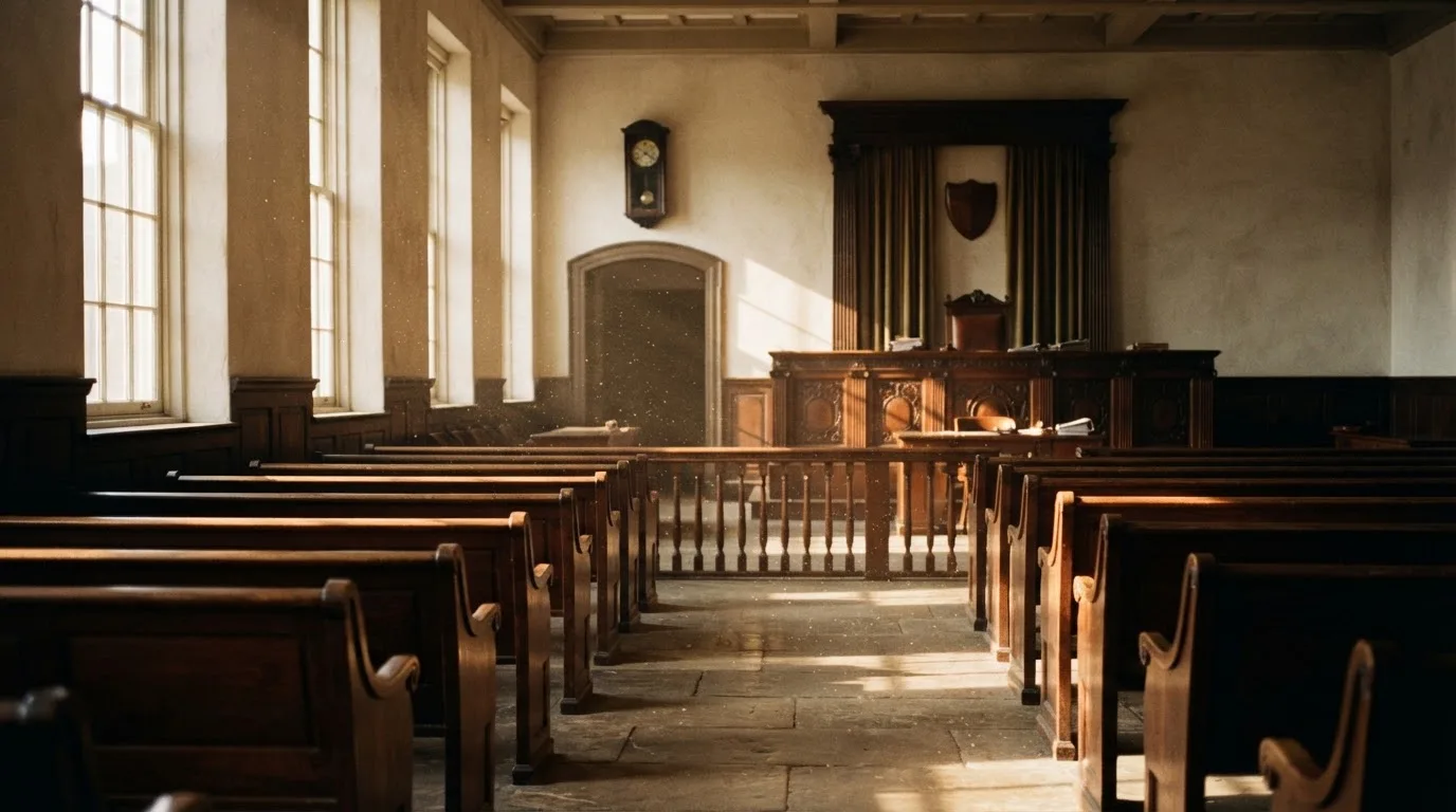 An empty courtroom with wooden benches in morning light