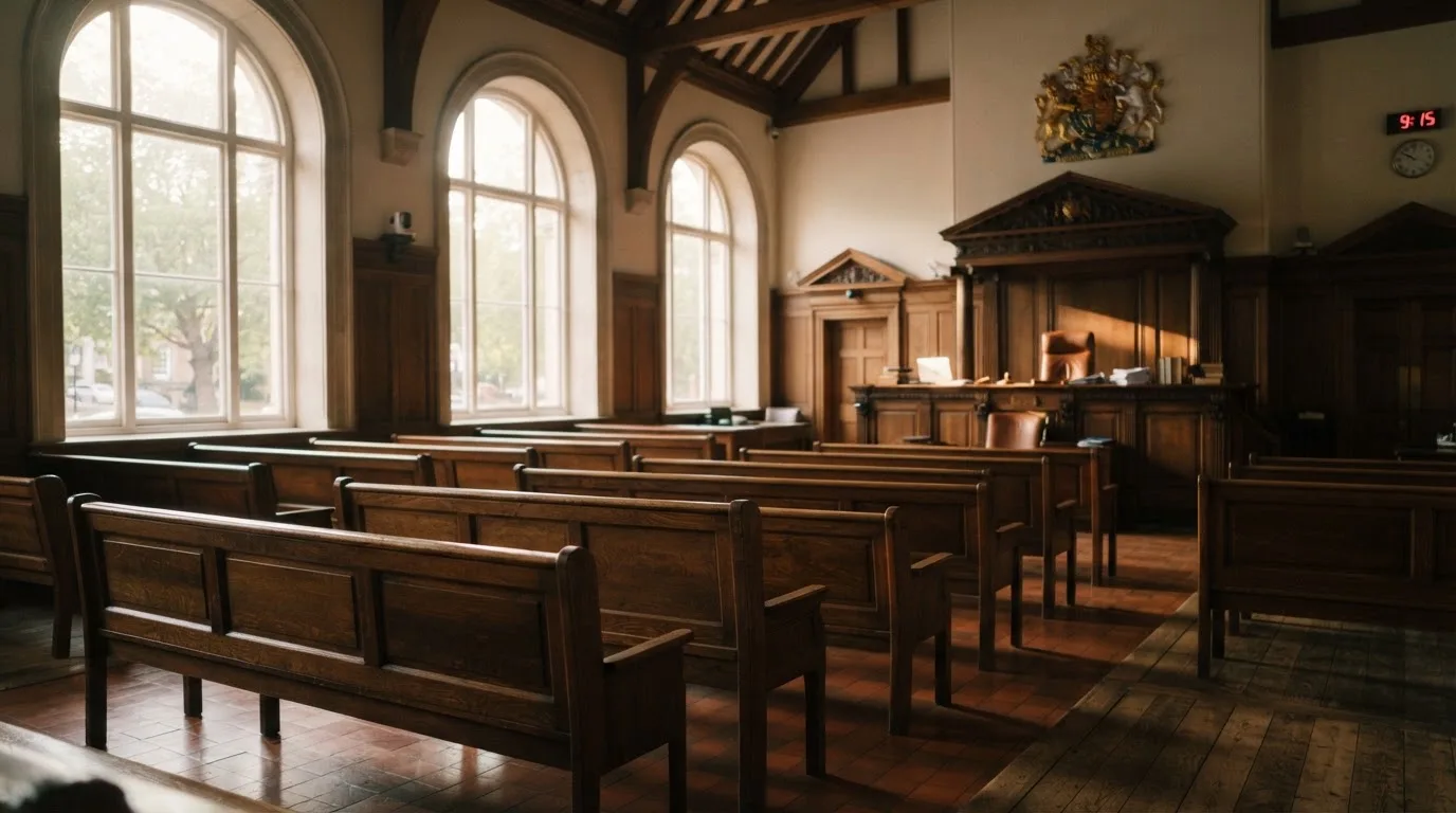 An empty courtroom with wooden benches in morning light