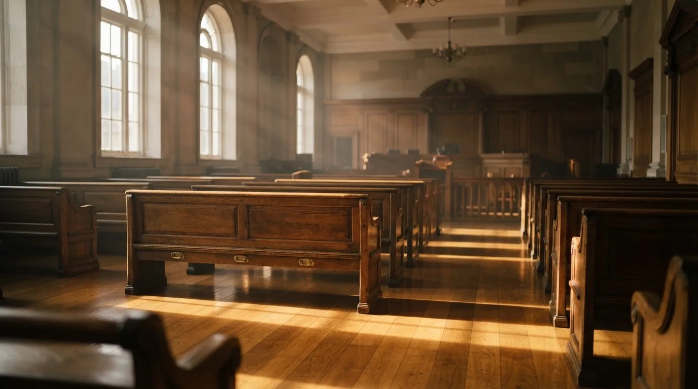 An empty courtroom with wooden benches in morning light