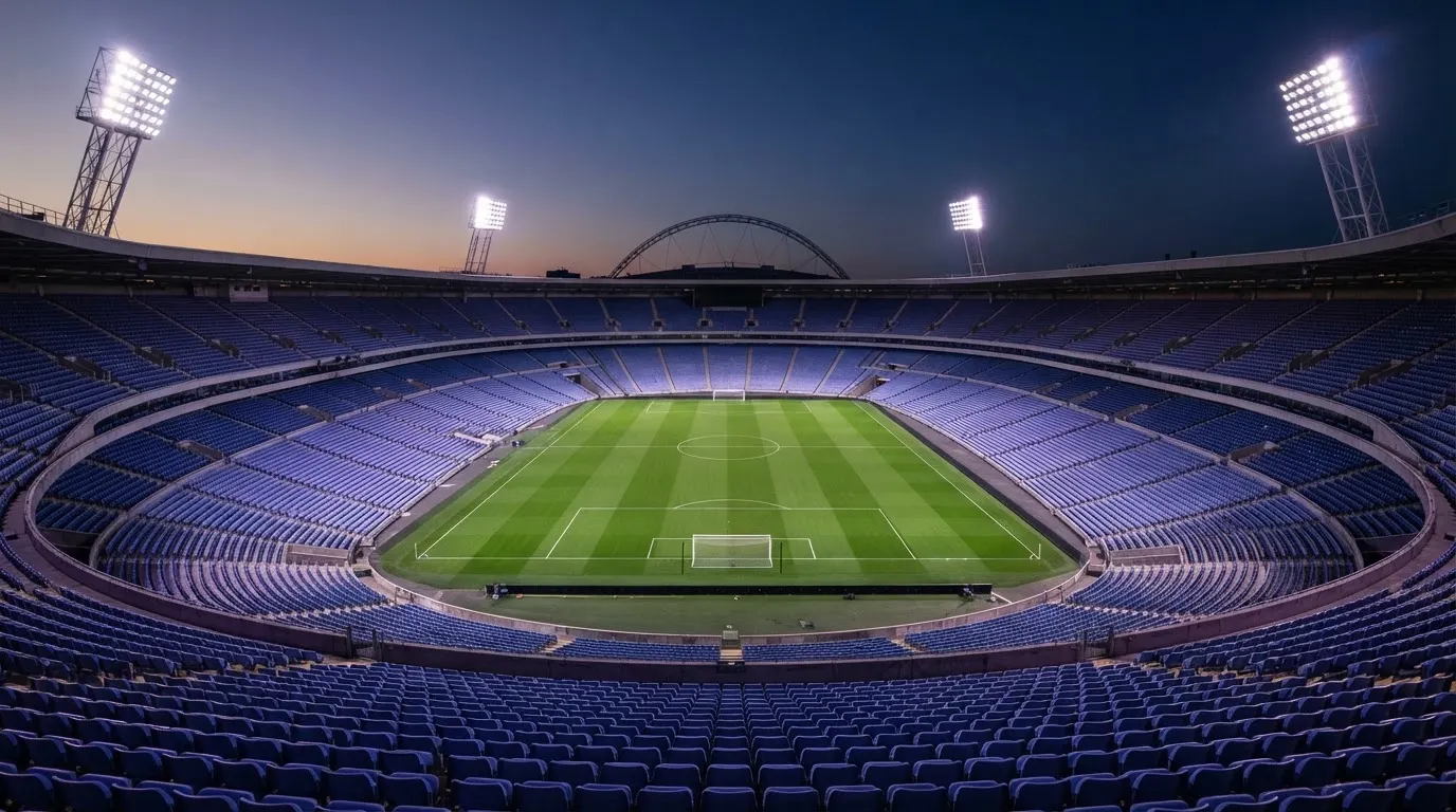 An empty football stadium with floodlight masts at dusk