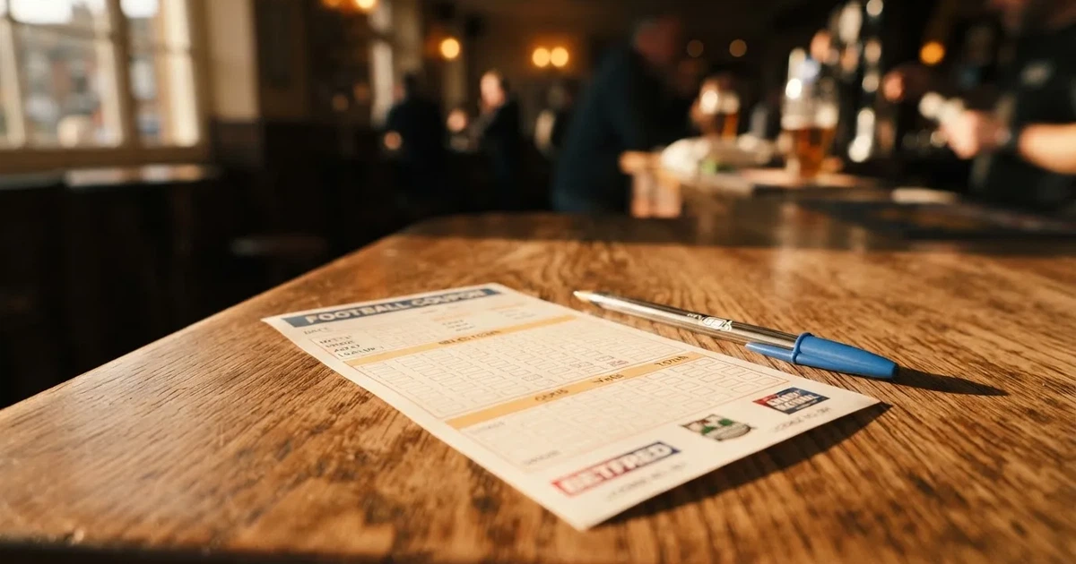 A blank paper betting slip beside a pen on a wooden counter