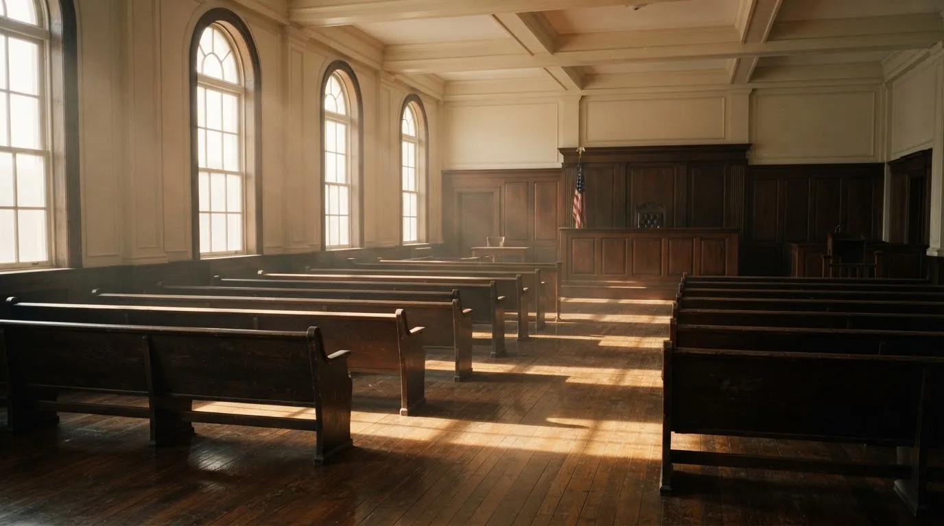 An empty courtroom with wooden benches in morning light