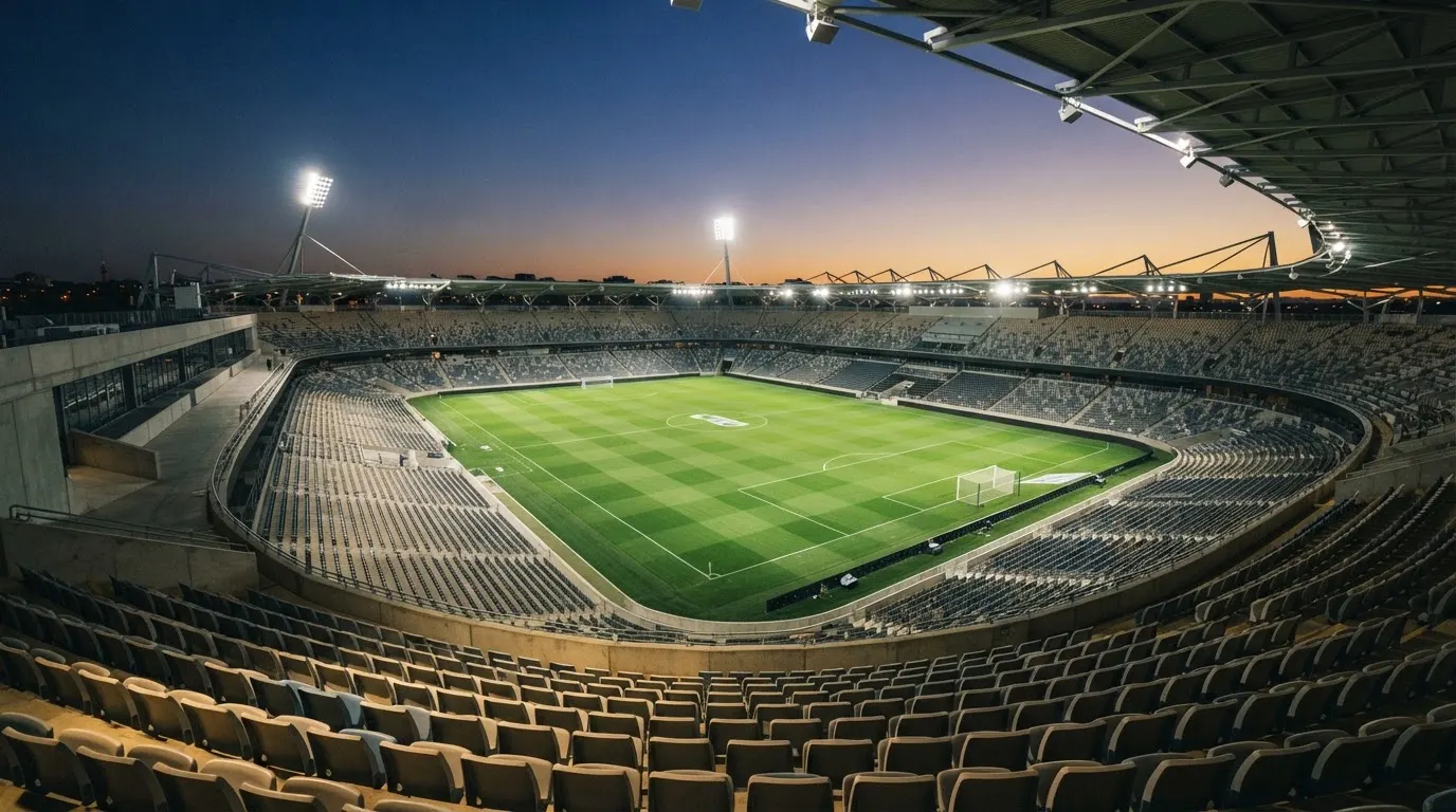 An empty football stadium with floodlight masts at dusk