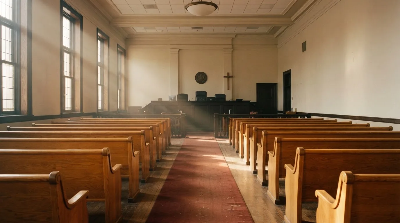 An empty courtroom with wooden benches in morning light