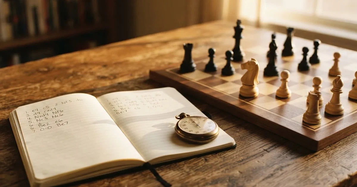 An open notebook with a pencil and a stopwatch on a wooden table