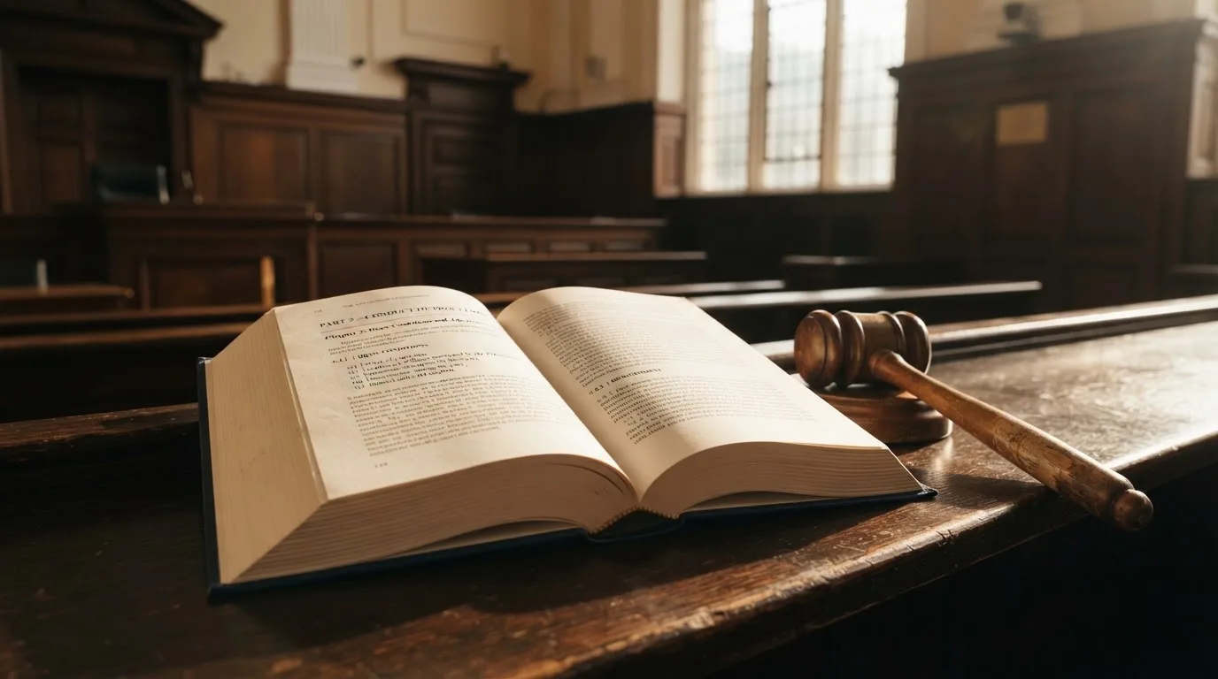 An empty courtroom with wooden benches in morning light
