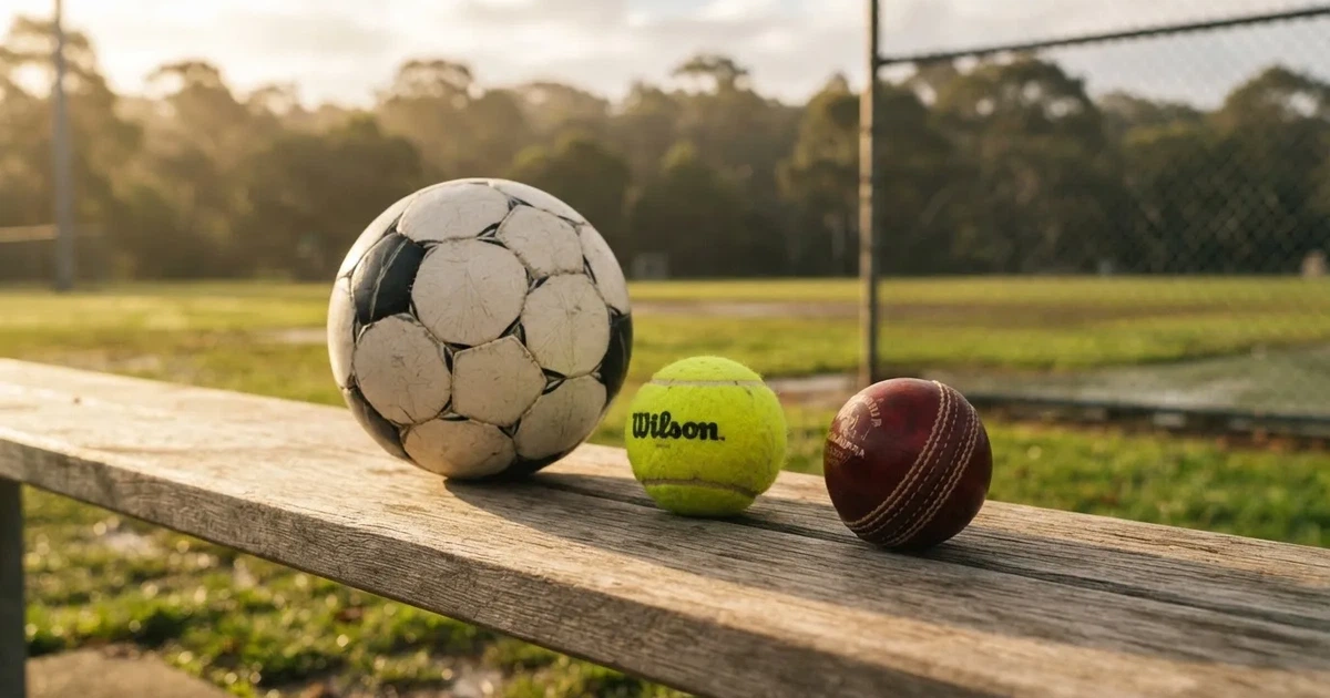 Three balls of different kinds side by side on a wooden bench