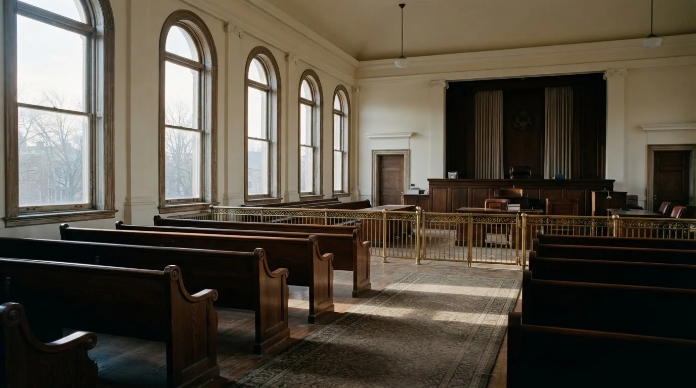 An empty courtroom with wooden benches in morning light