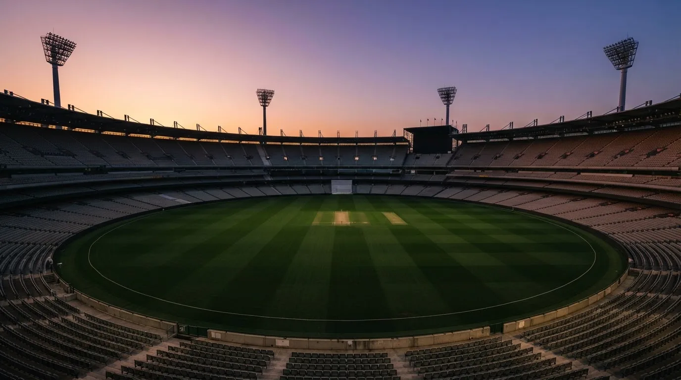 An empty football stadium with floodlight masts at dusk