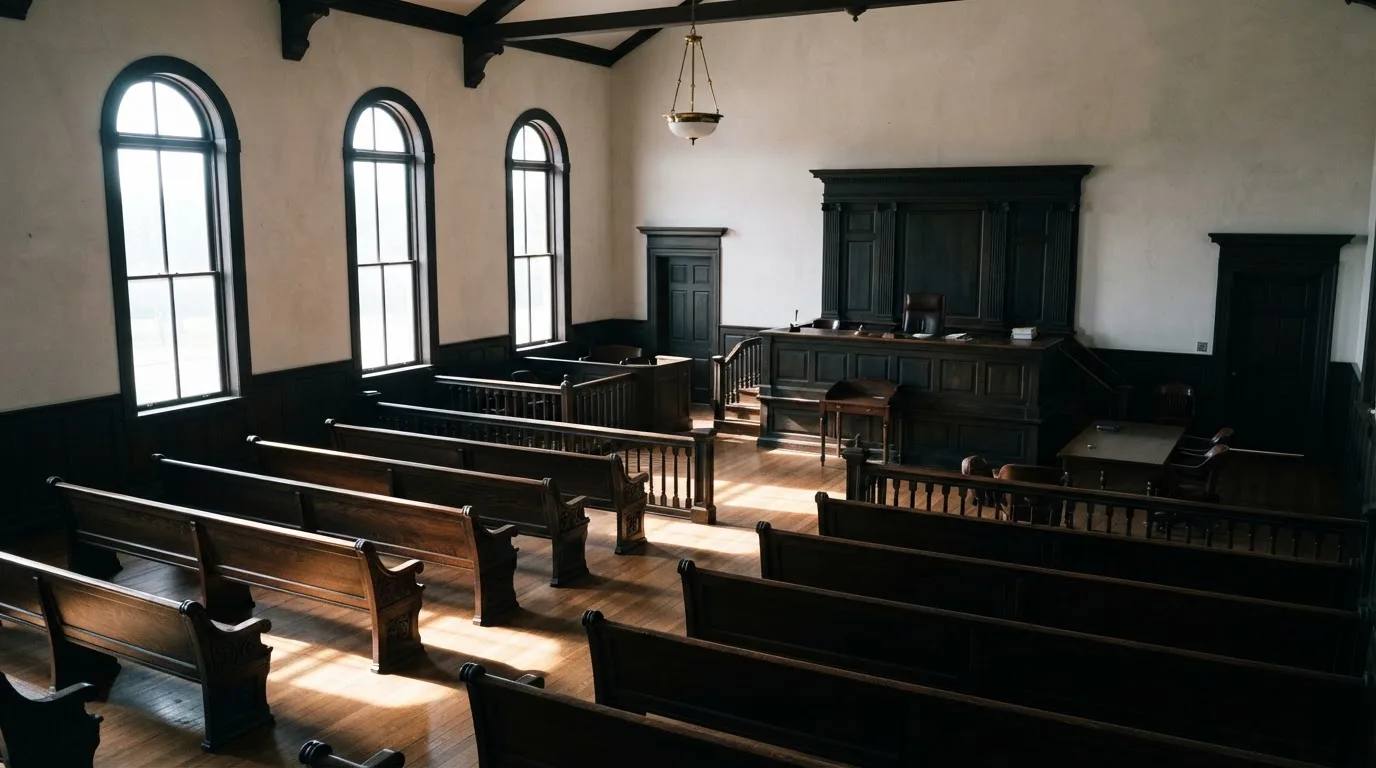 An empty courtroom with wooden benches in morning light