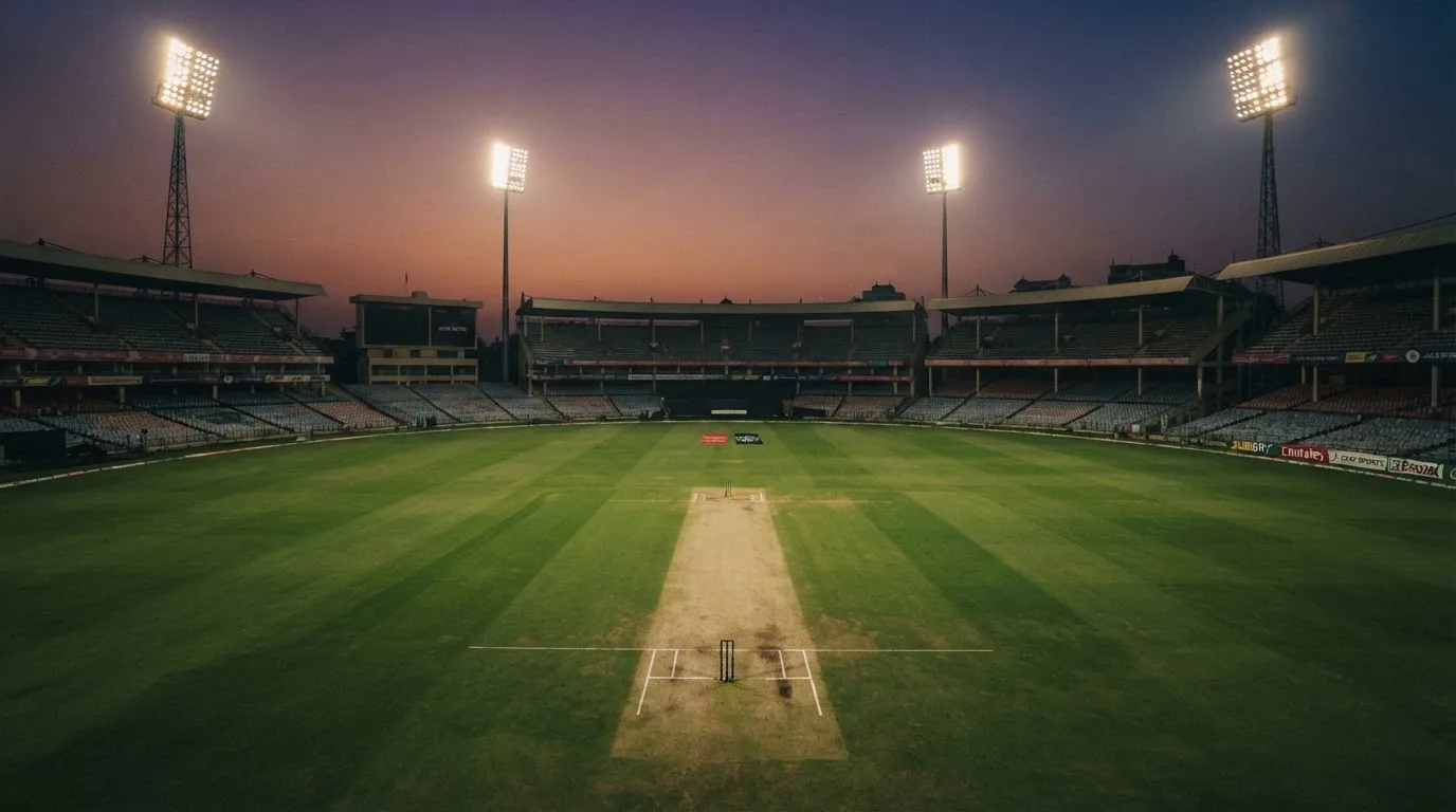 An empty football stadium with floodlight masts at dusk