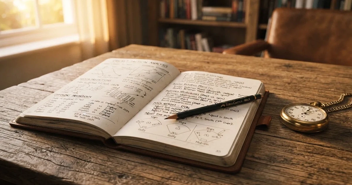 An open notebook with a pencil and a stopwatch on a wooden table