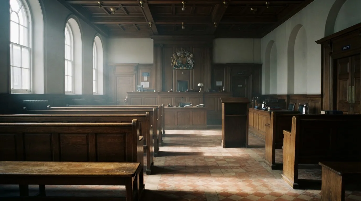 An empty courtroom with wooden benches in morning light