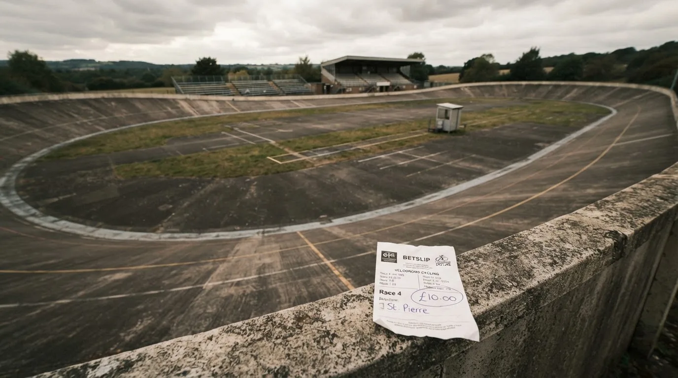 An empty football stadium with floodlight masts at dusk