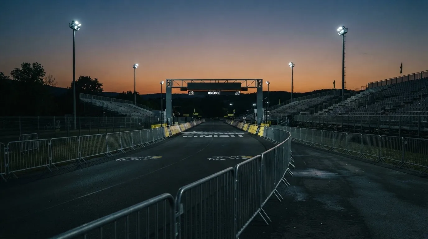 An empty football stadium with floodlight masts at dusk
