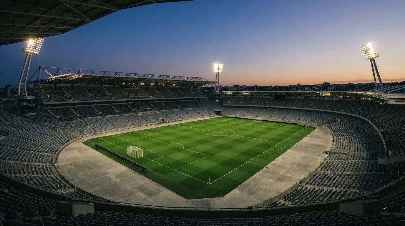 An empty football stadium with floodlight masts at dusk