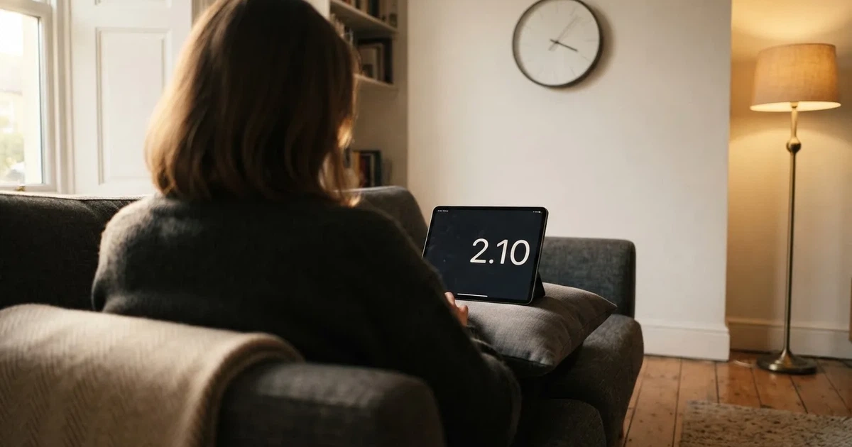 A person on a sofa looking thoughtfully at a tablet, a wall clock in the background