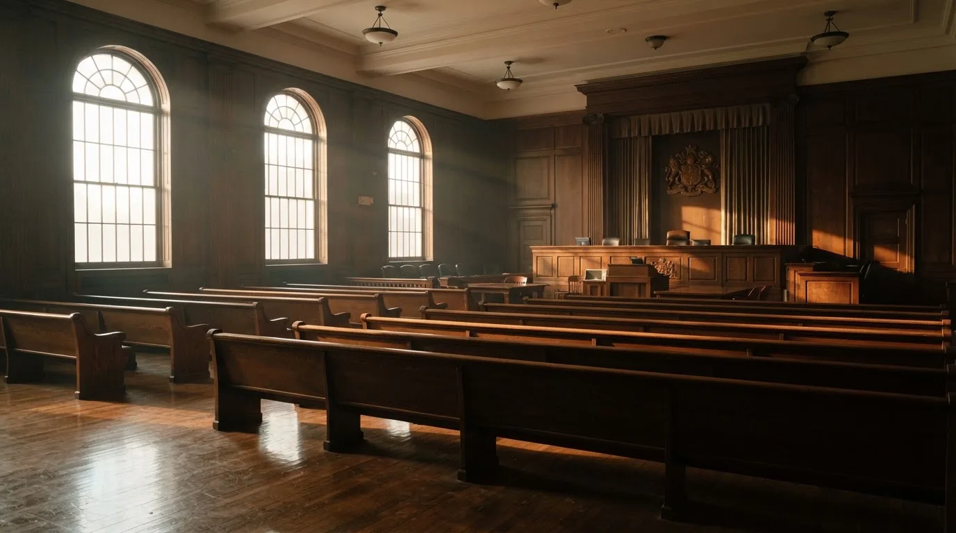 An empty courtroom with wooden benches in morning light