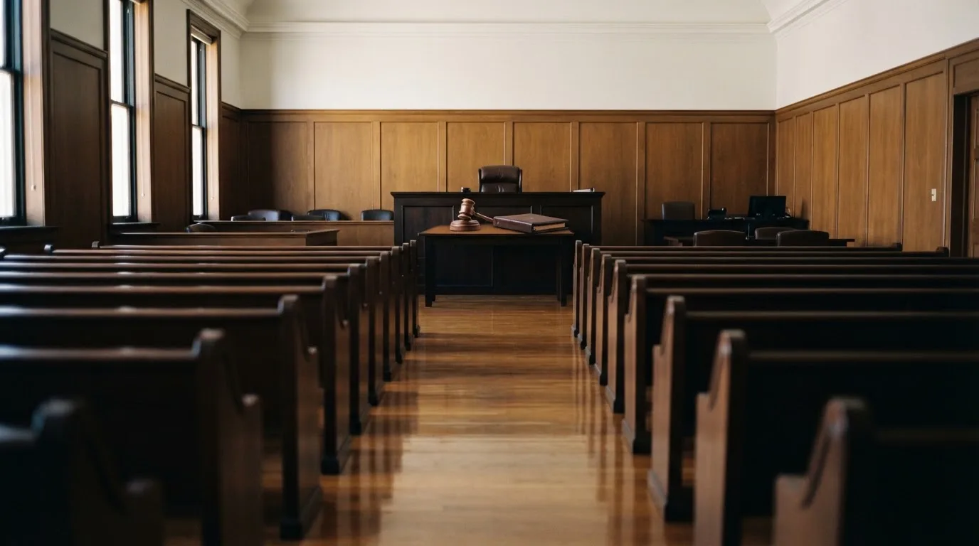 An empty courtroom with wooden benches in morning light
