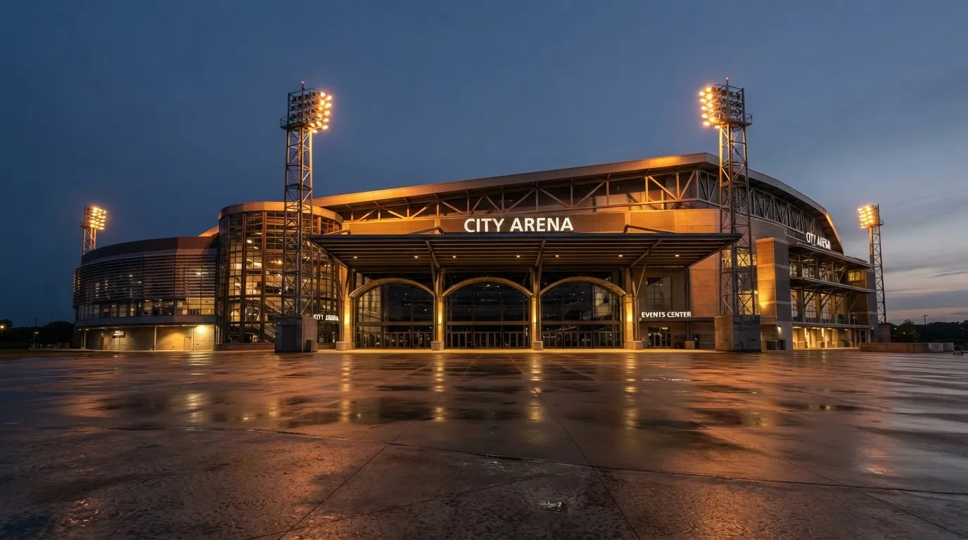 An empty football stadium with floodlight masts at dusk