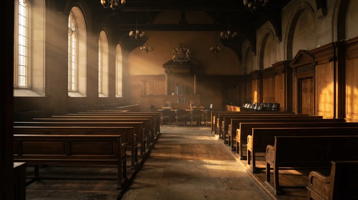 An empty courtroom with wooden benches in morning light