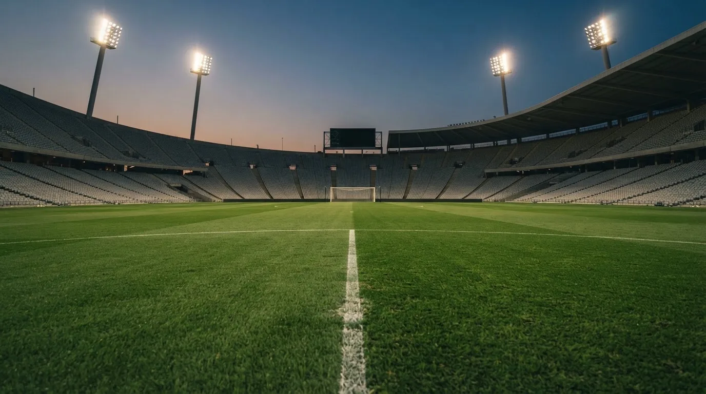 An empty football stadium with floodlight masts at dusk