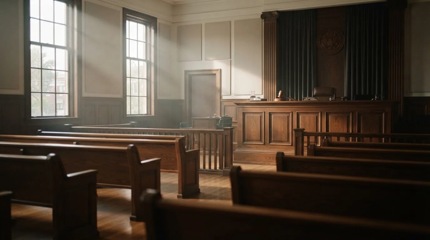 An empty courtroom with wooden benches in morning light