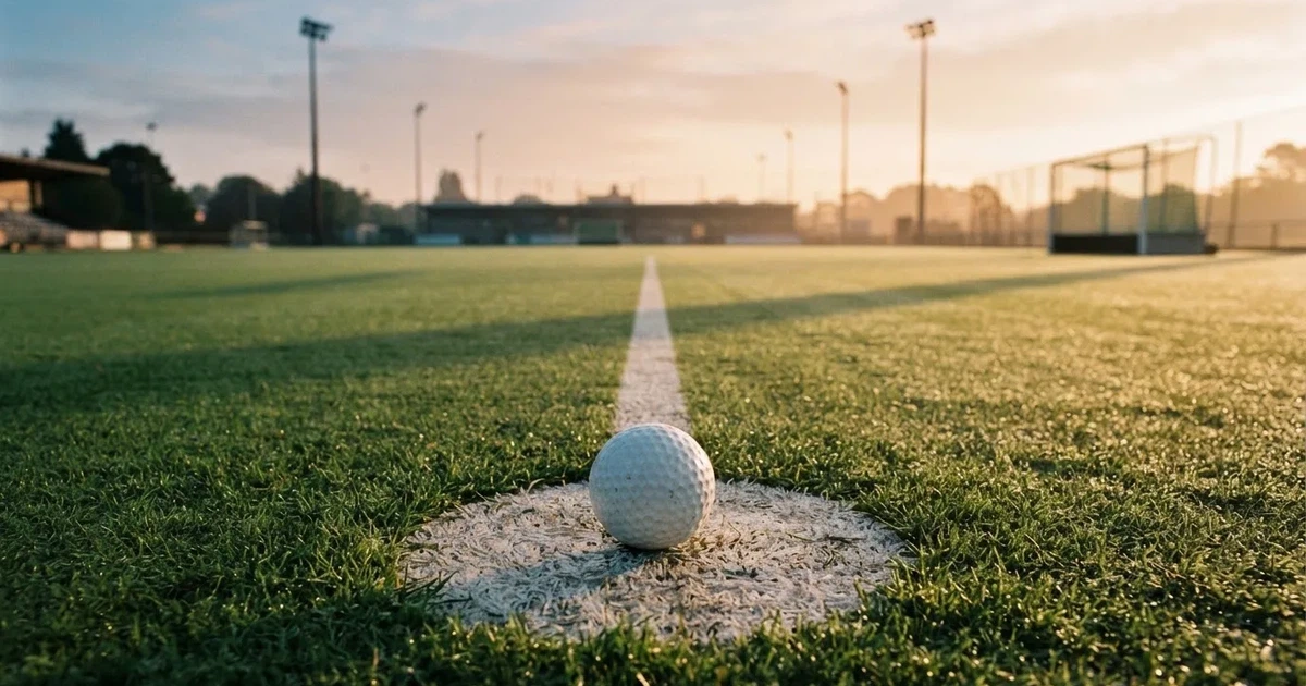 A ball on the centre spot of a grass pitch in morning light