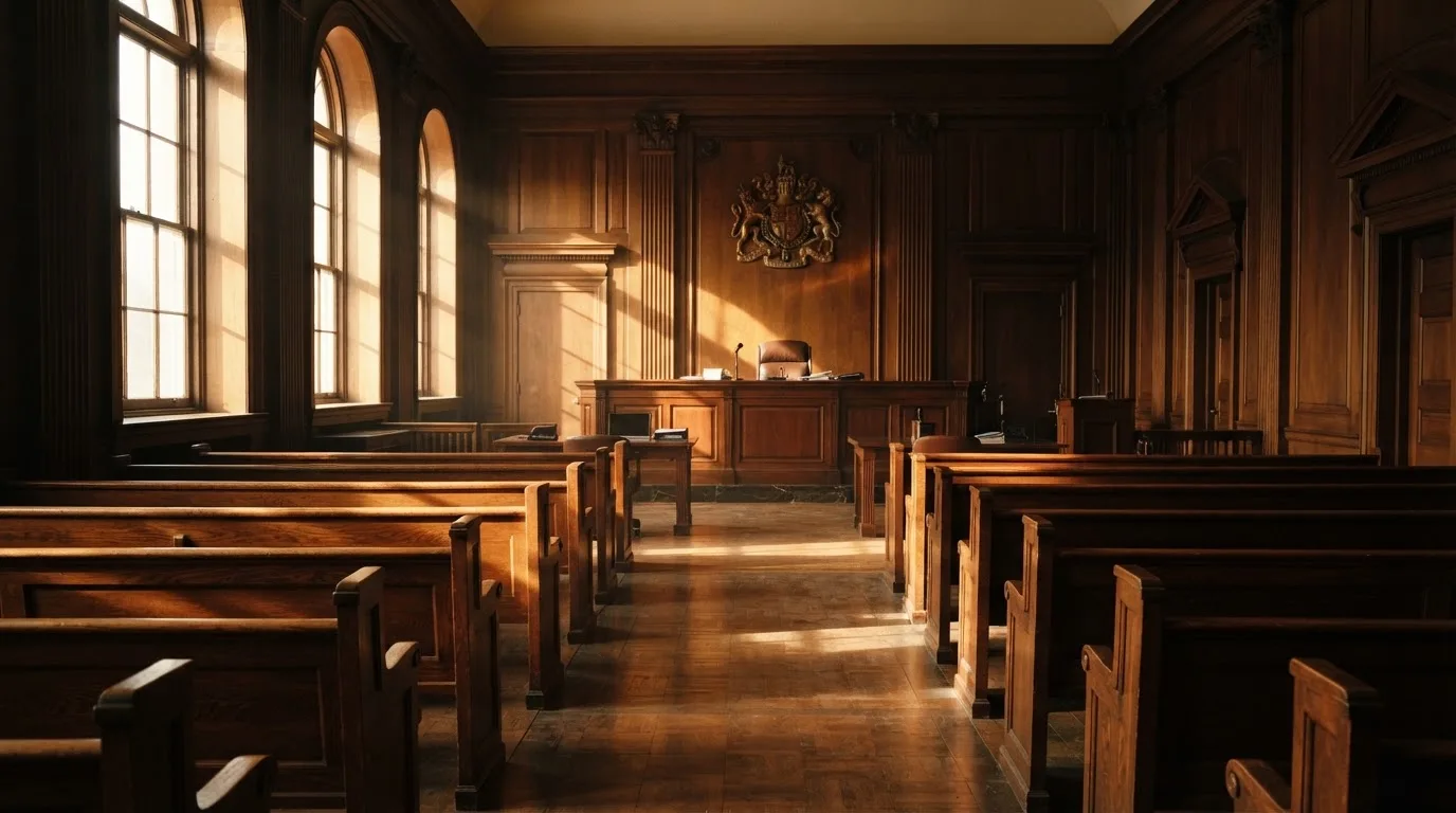An empty courtroom with wooden benches in morning light