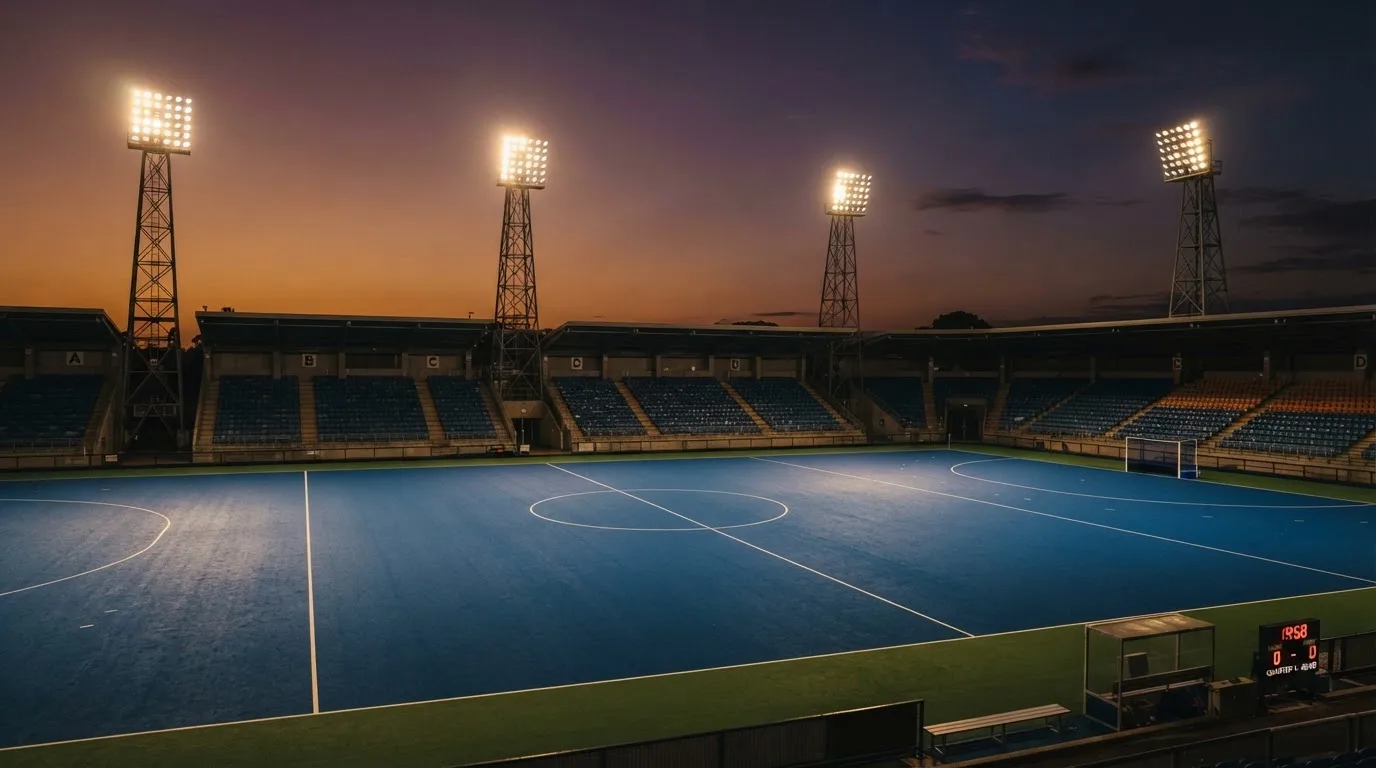 An empty football stadium with floodlight masts at dusk