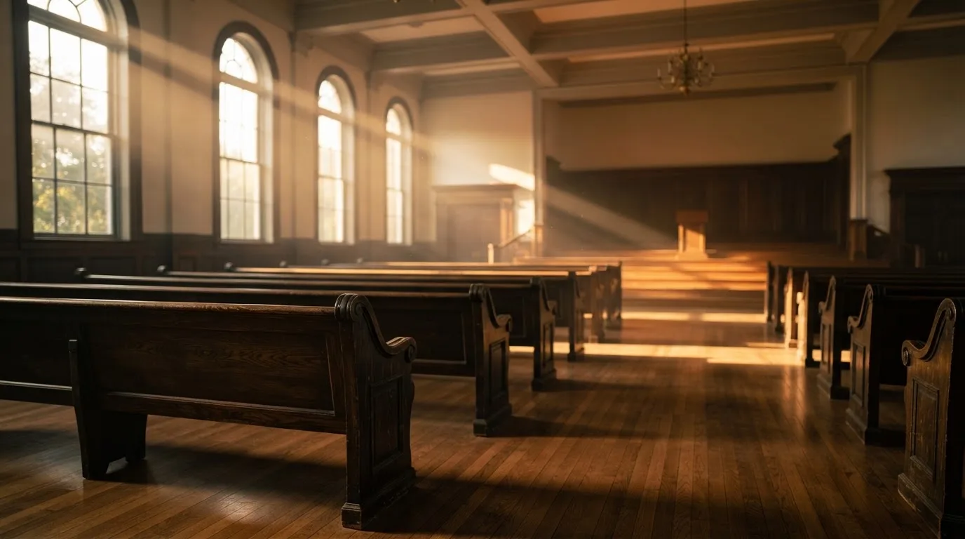 An empty courtroom with wooden benches in morning light