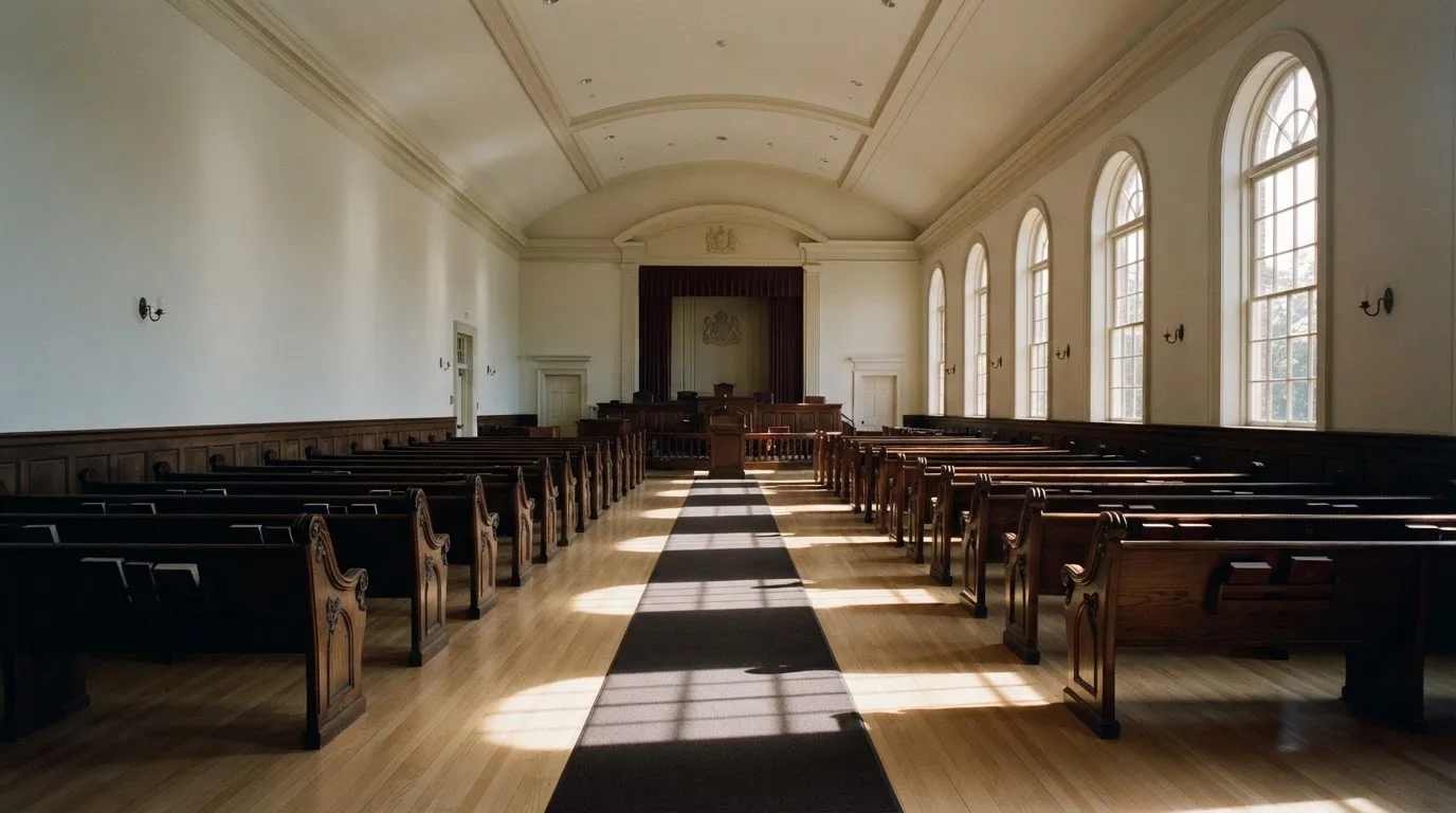 An empty courtroom with wooden benches in morning light