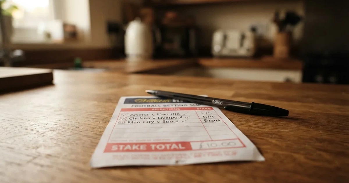 A blank paper betting slip beside a pen on a wooden counter