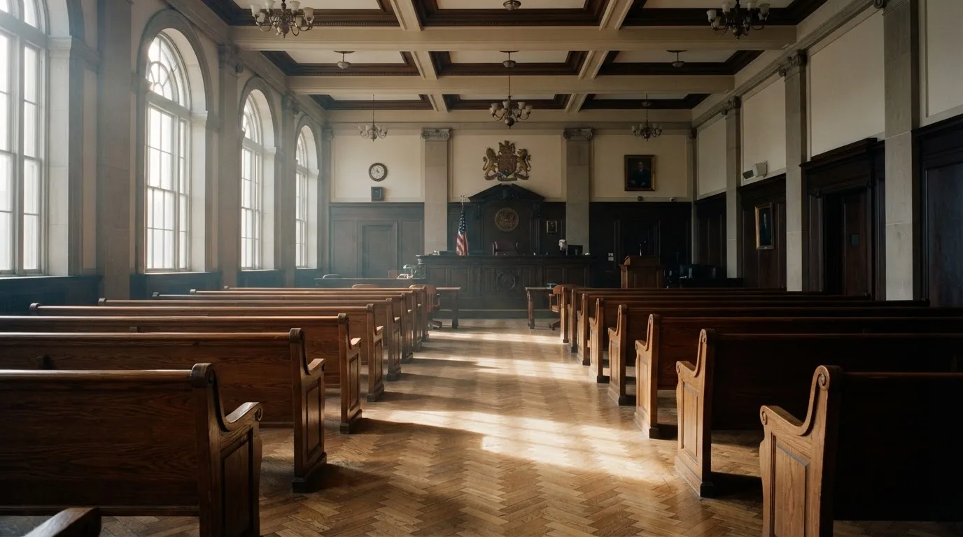 An empty courtroom with wooden benches in morning light