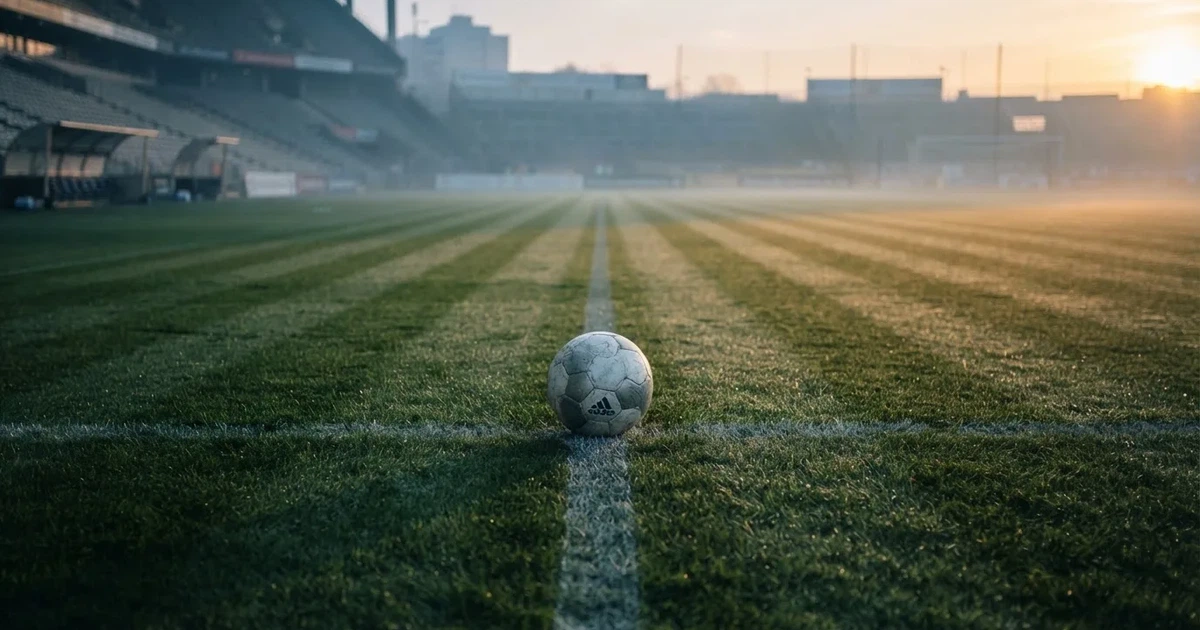 A ball on the centre spot of a grass pitch in morning light