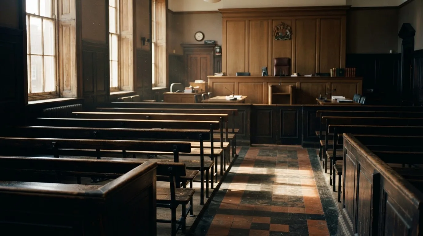 An empty courtroom with wooden benches in morning light