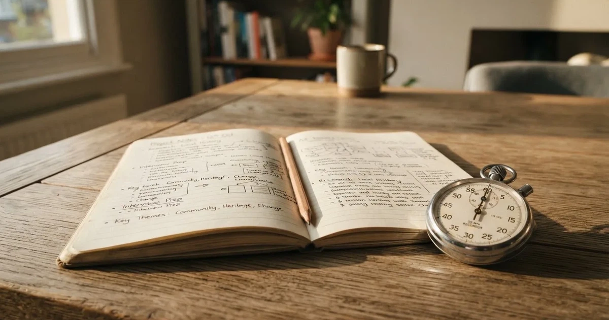 An open notebook with a pencil and a stopwatch on a wooden table
