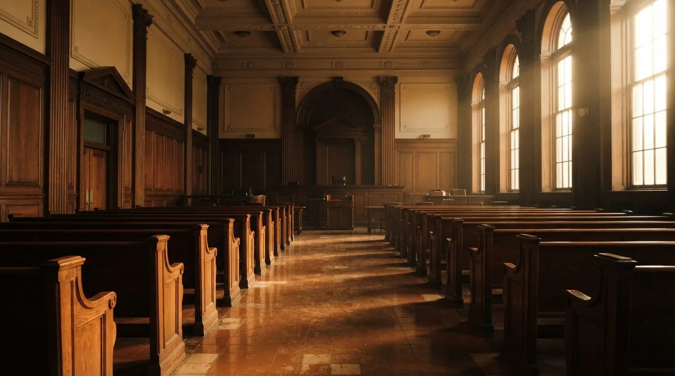 An empty courtroom with wooden benches in morning light