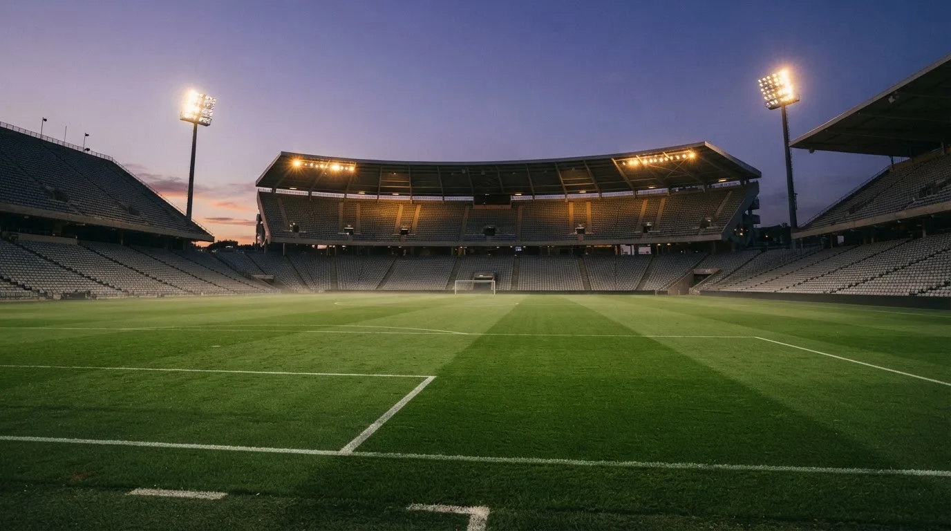 An empty football stadium with floodlight masts at dusk