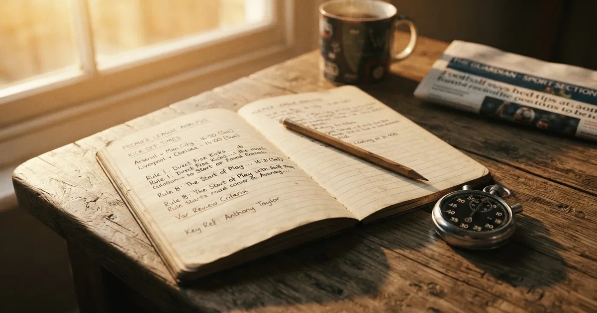 An open notebook with a pencil and a stopwatch on a wooden table