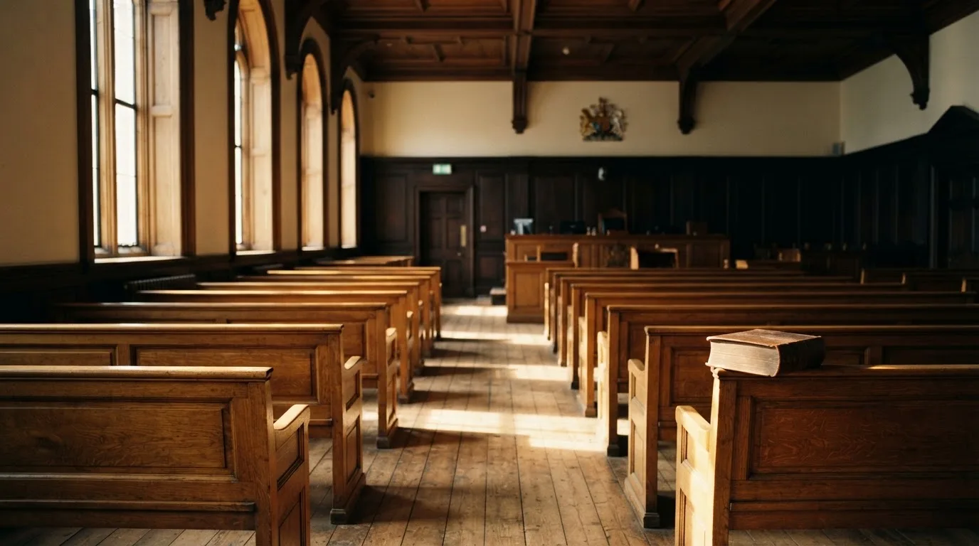 An empty courtroom with wooden benches in morning light