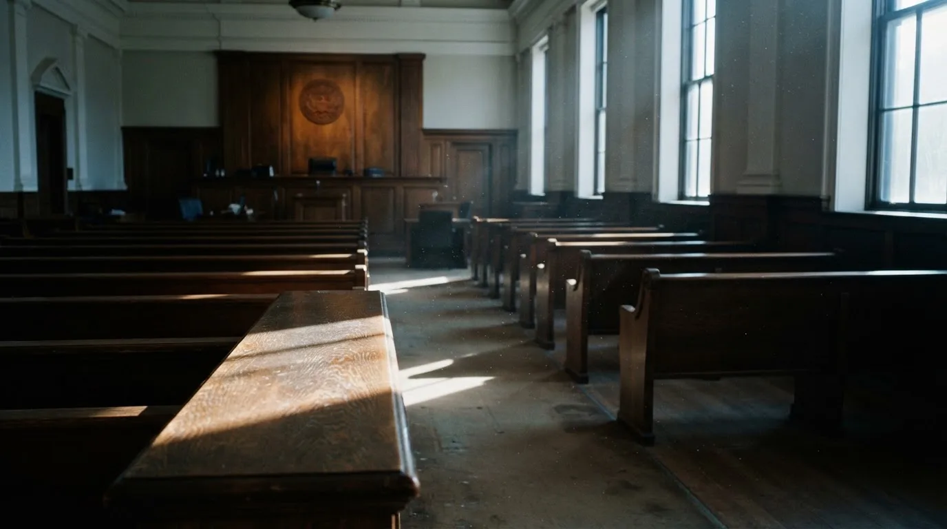 An empty courtroom with wooden benches in morning light