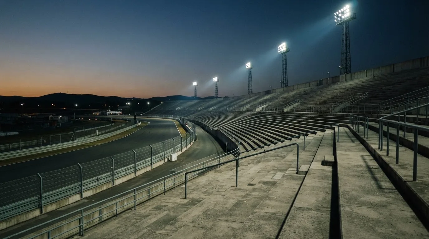 An empty football stadium with floodlight masts at dusk