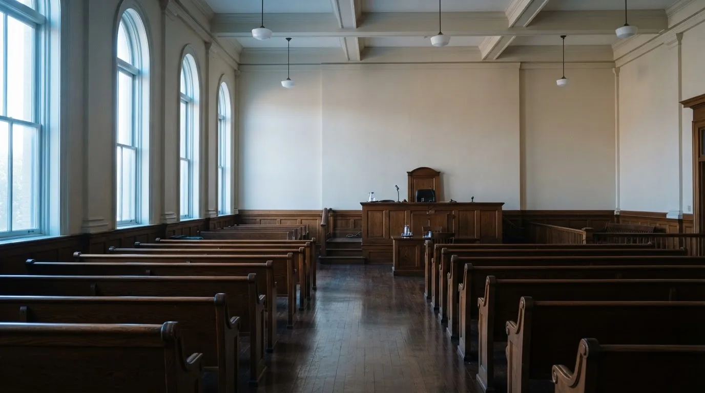 An empty courtroom with wooden benches in morning light