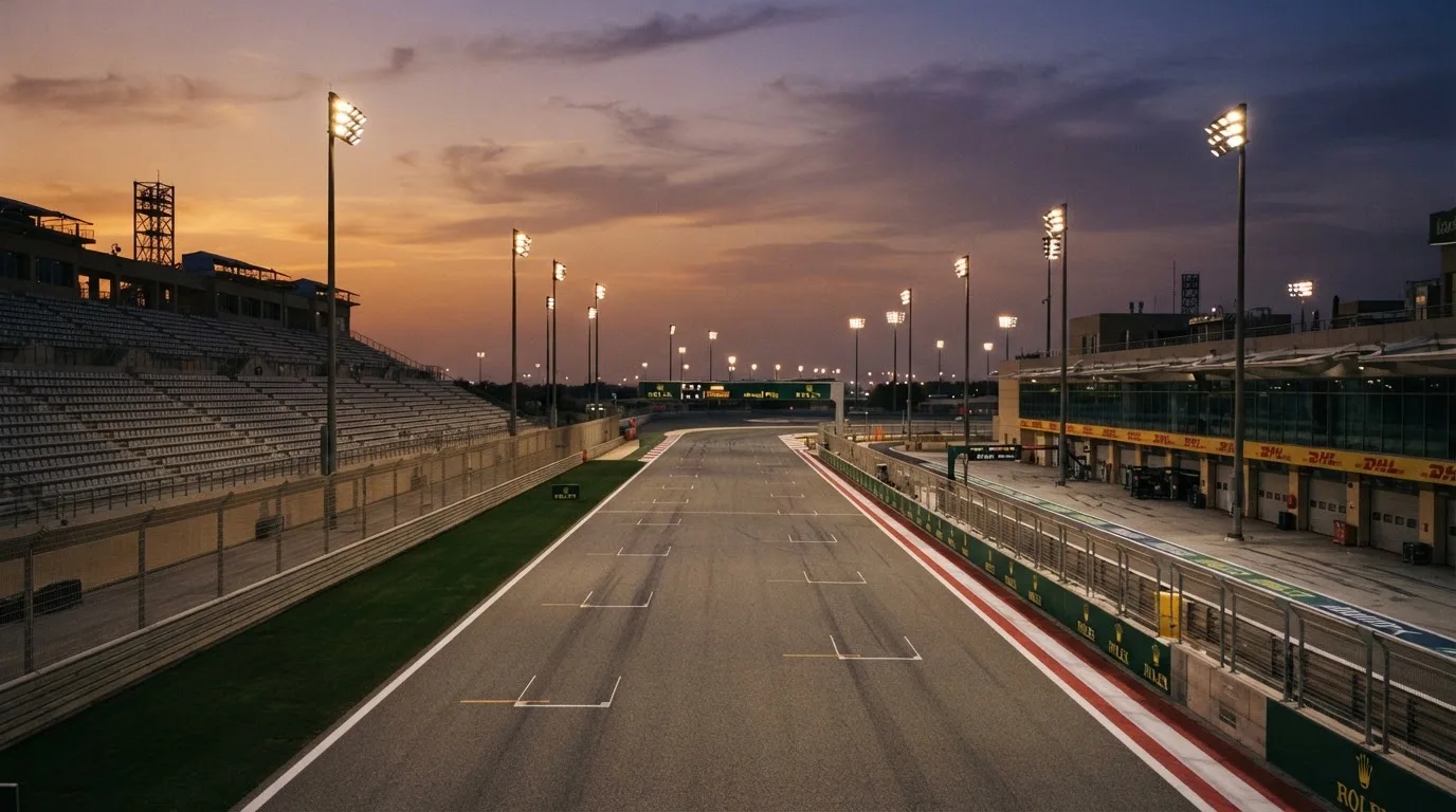 An empty football stadium with floodlight masts at dusk