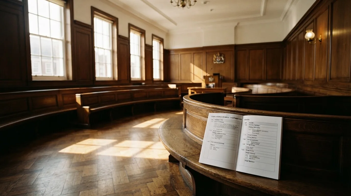 An empty courtroom with wooden benches in morning light