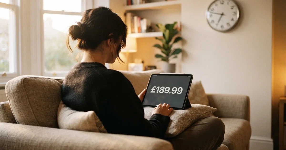 A person on a sofa looking thoughtfully at a tablet, a wall clock in the background
