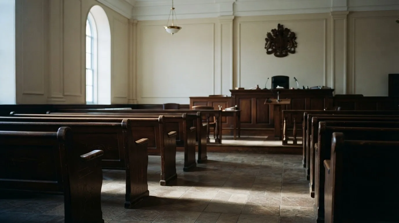 An empty courtroom with wooden benches in morning light